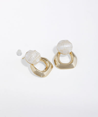 Gold-tone drop earrings with textured orb stud and chunky geometric shape.