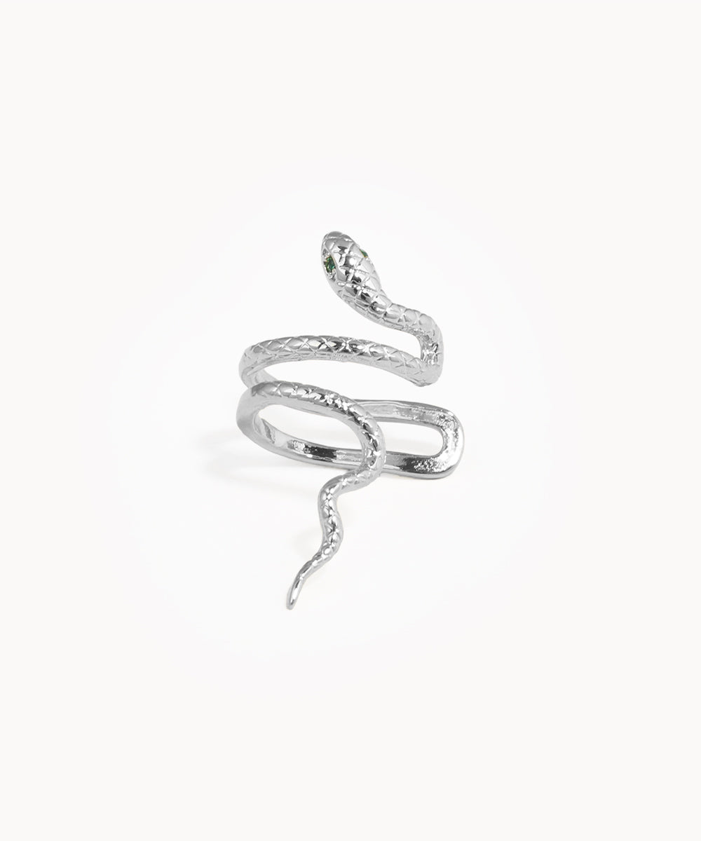 Silver snake-shaped earring on a white background