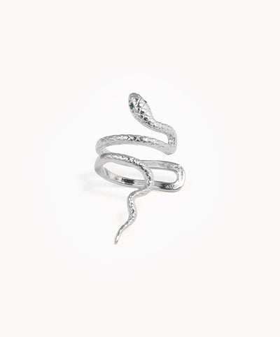 Silver snake-shaped earring on a white background