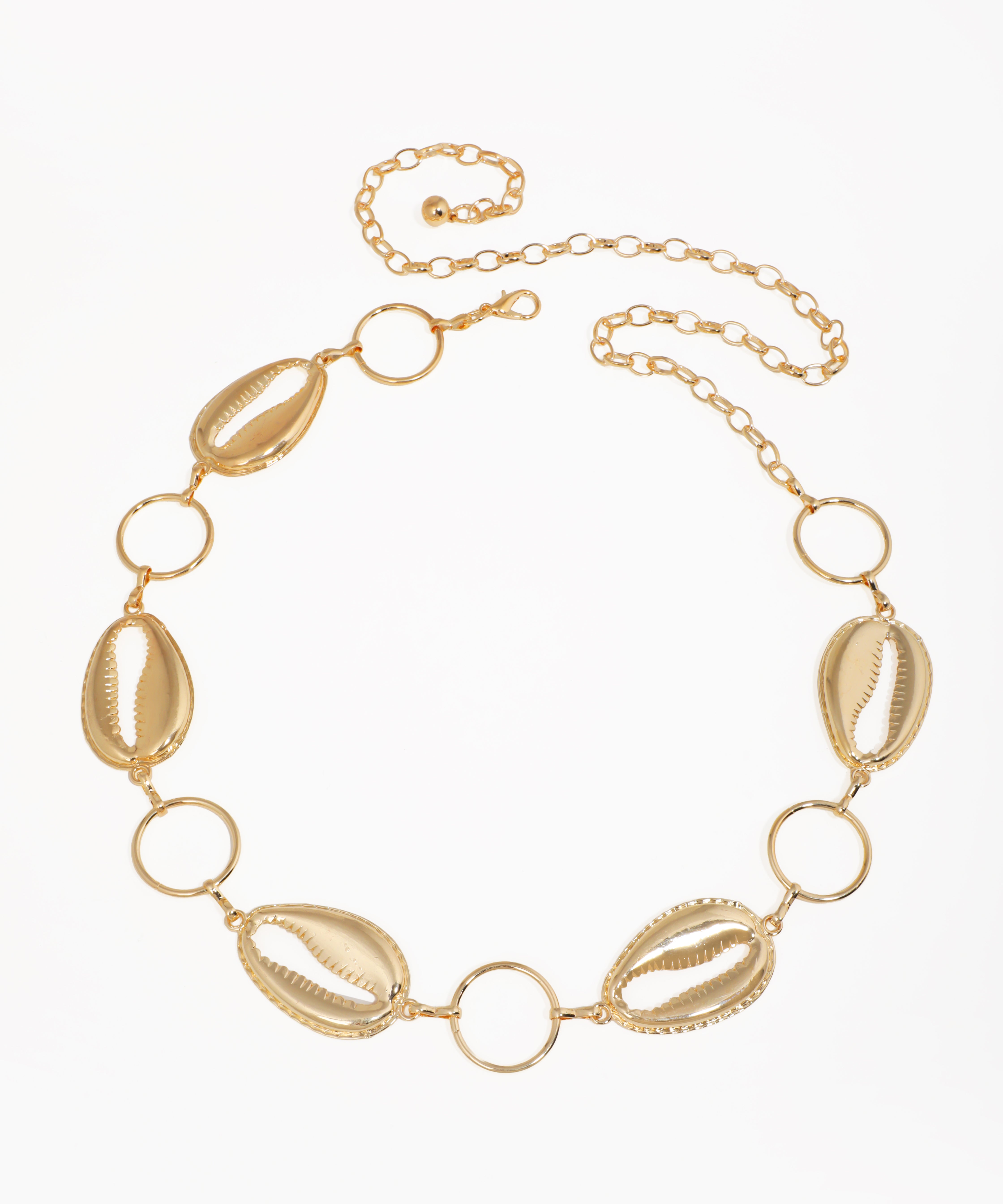 Gold-tone waist chains with textured shell links and connecting rings