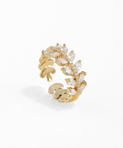 Gold-tone open ring with sparkling CZ stones arranged in a delicate leaf and branch motif