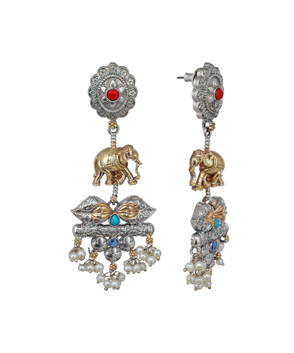 Oxidised silver-tone and gold-tone elephant dangler earrings with red, blue stones and faux pearls