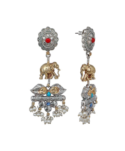 Oxidised silver-tone and gold-tone elephant dangler earrings with red, blue stones and faux pearls