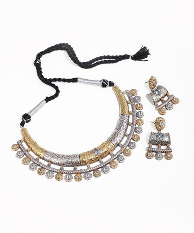 Dual-tone oxidised necklace set with temple design engravings and clear glass crystals