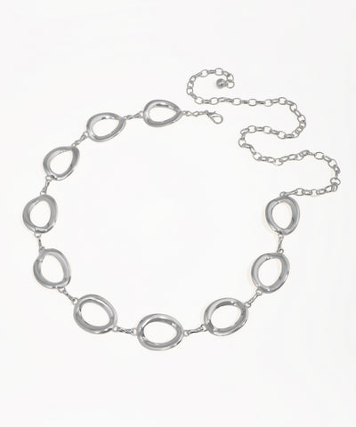 Silver necklace with interlocking oval links on a white background