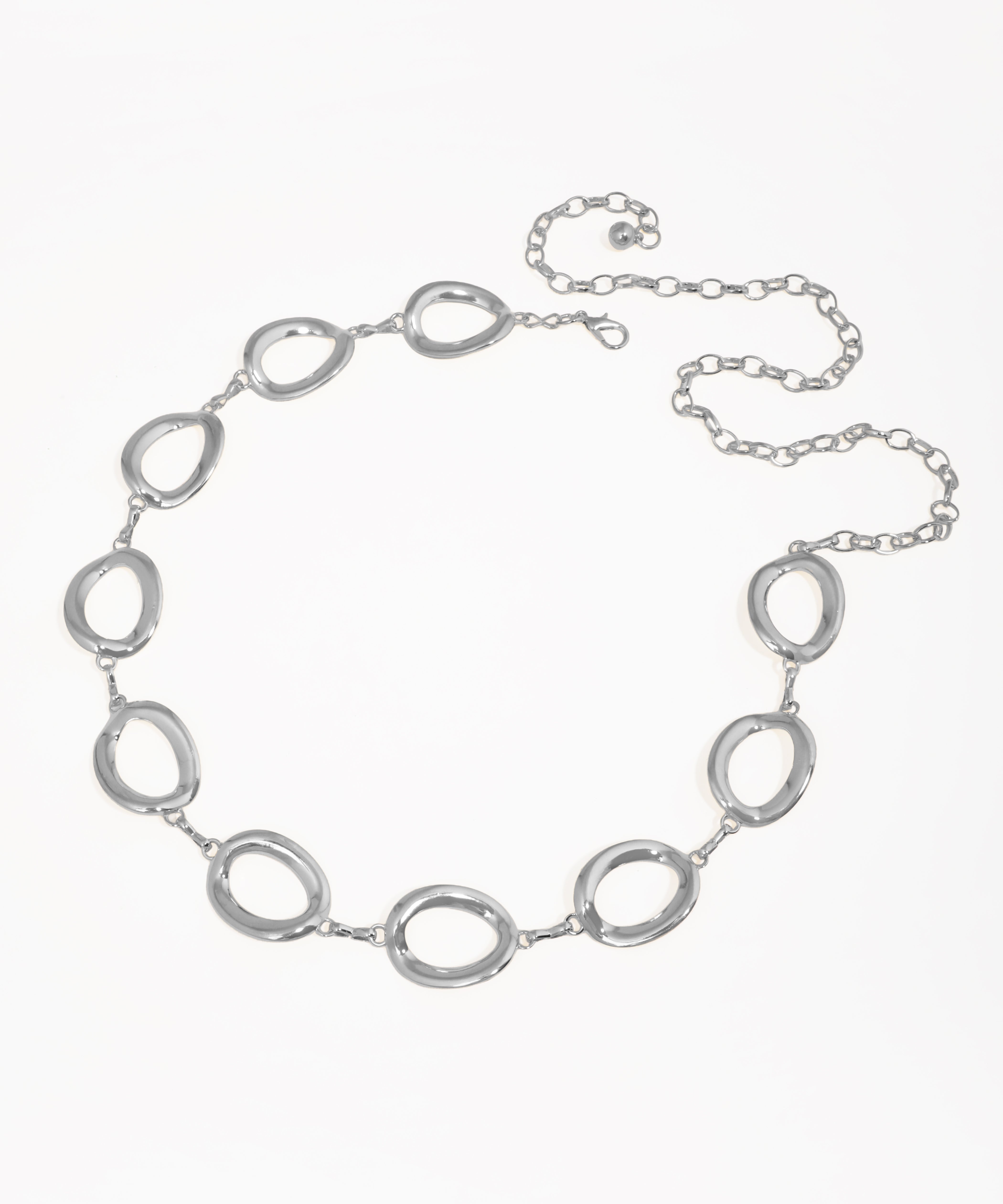 Silver necklace with interlocking oval links on a white background