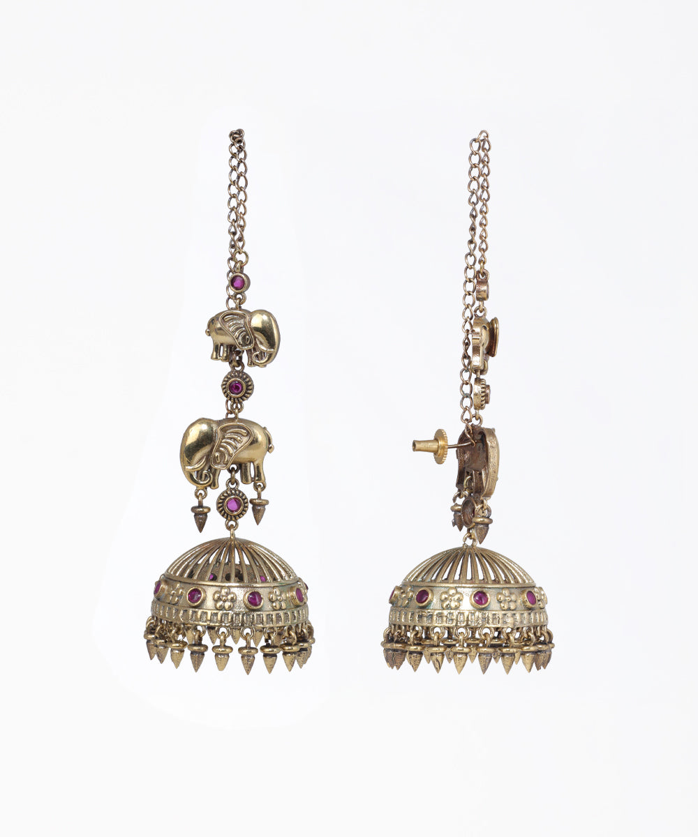 Oxidise chain drop earrings with elephant motifs, jhumka bells, and red glass crystal accents.