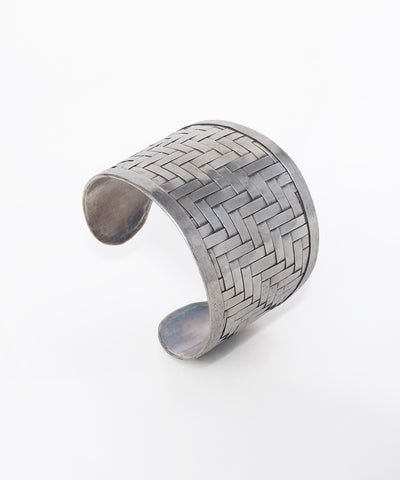 Oxidise finish cuff bracelet with a wide woven basket-weave design