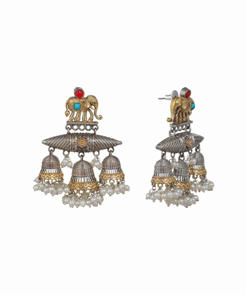 Oxidised silver-tone and gold-tone elephant jhumka earrings with faux pearls and colored glass stones