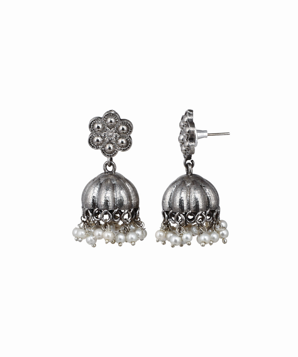 Oxidised jhumka earrings with floral stud and faux pearl drops
