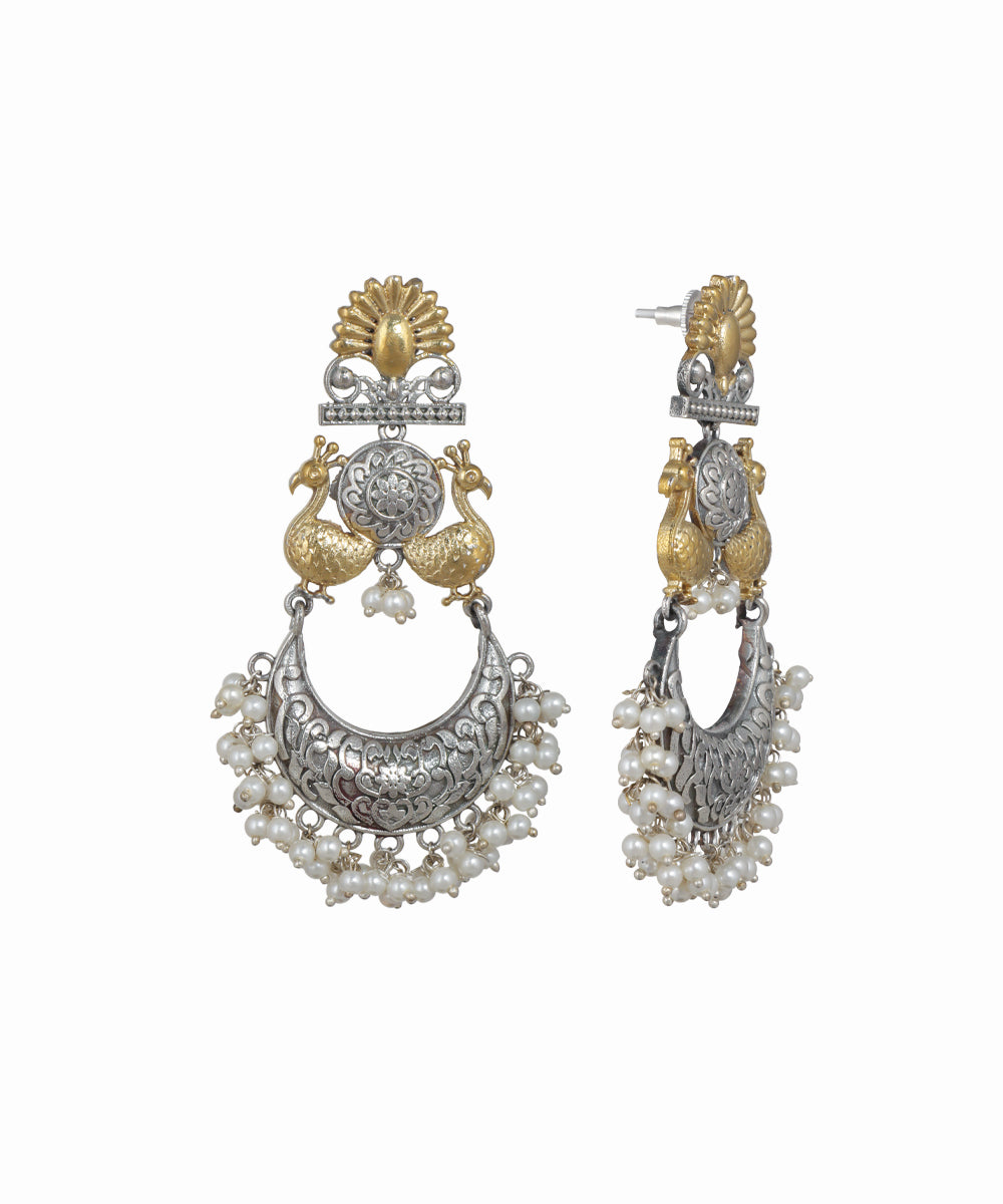 Dual-tone oxidised earrings with peacock design and faux pearls