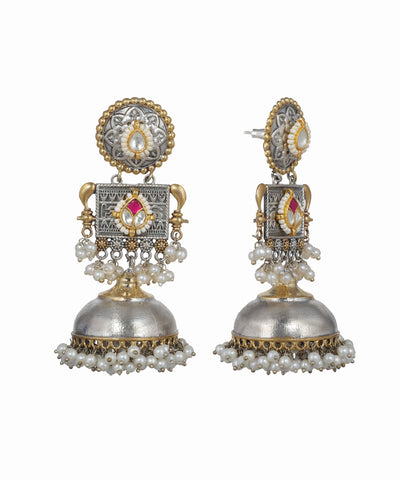 Oxidised silver-tone and gold-tone jhumka earrings with Kundan-style stones and faux pearls