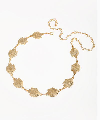 Gold-tone waist chains with textured fish motifs and adjustable clasp