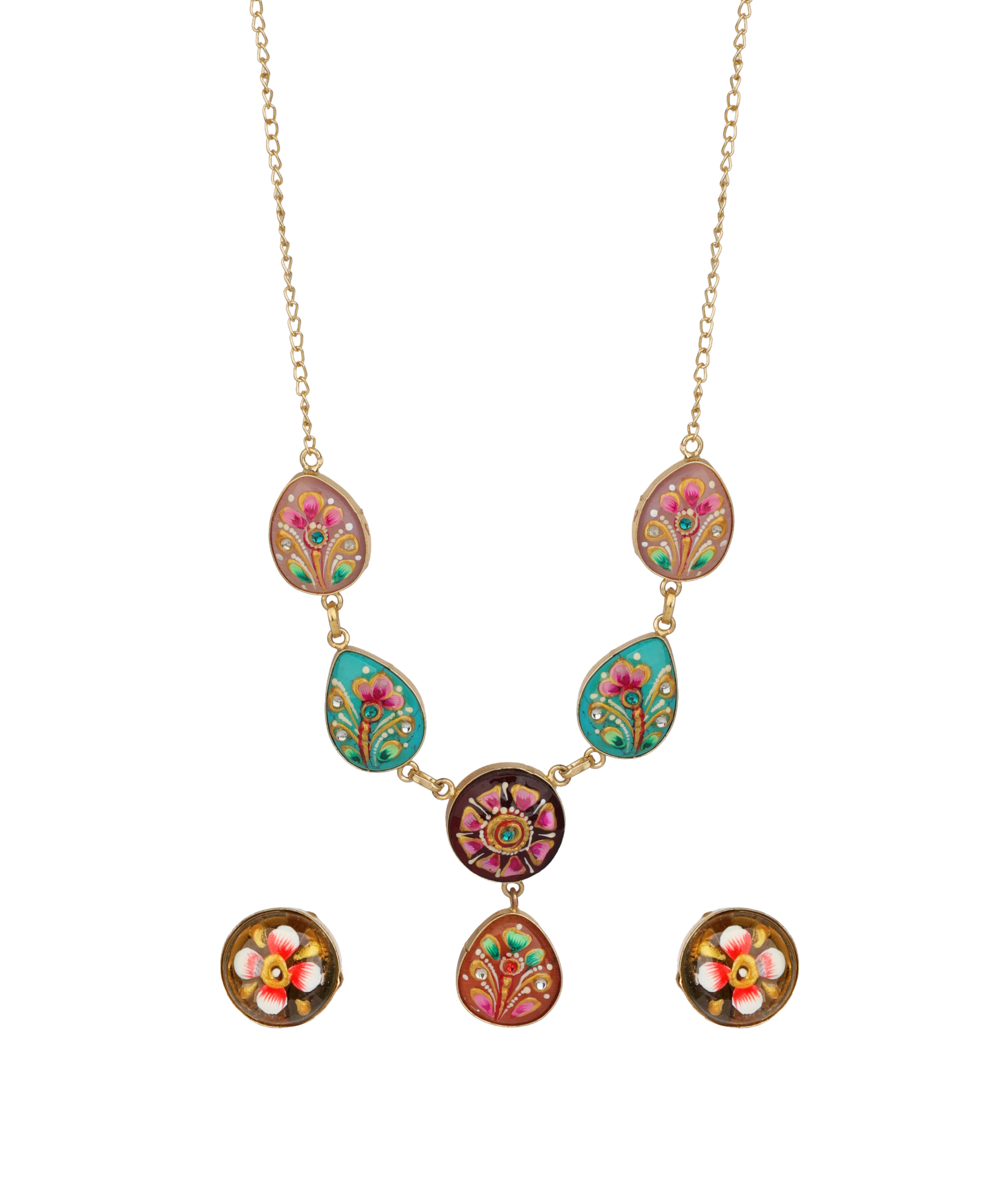 Gold-tone necklace and matching stud earrings featuring colorful hand-painted floral and paisley enamel details in pink, teal, green, and gold, displayed on a clean white background.
