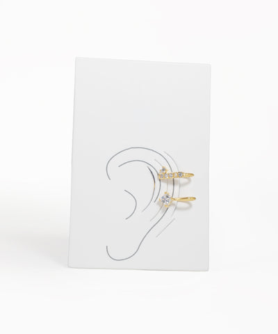 Gold and silver earrings displayed on an ear diagram with a white background