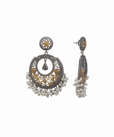 Oxidised silver-tone and gold-tone chandelier earrings with peacock motifs and faux pearls