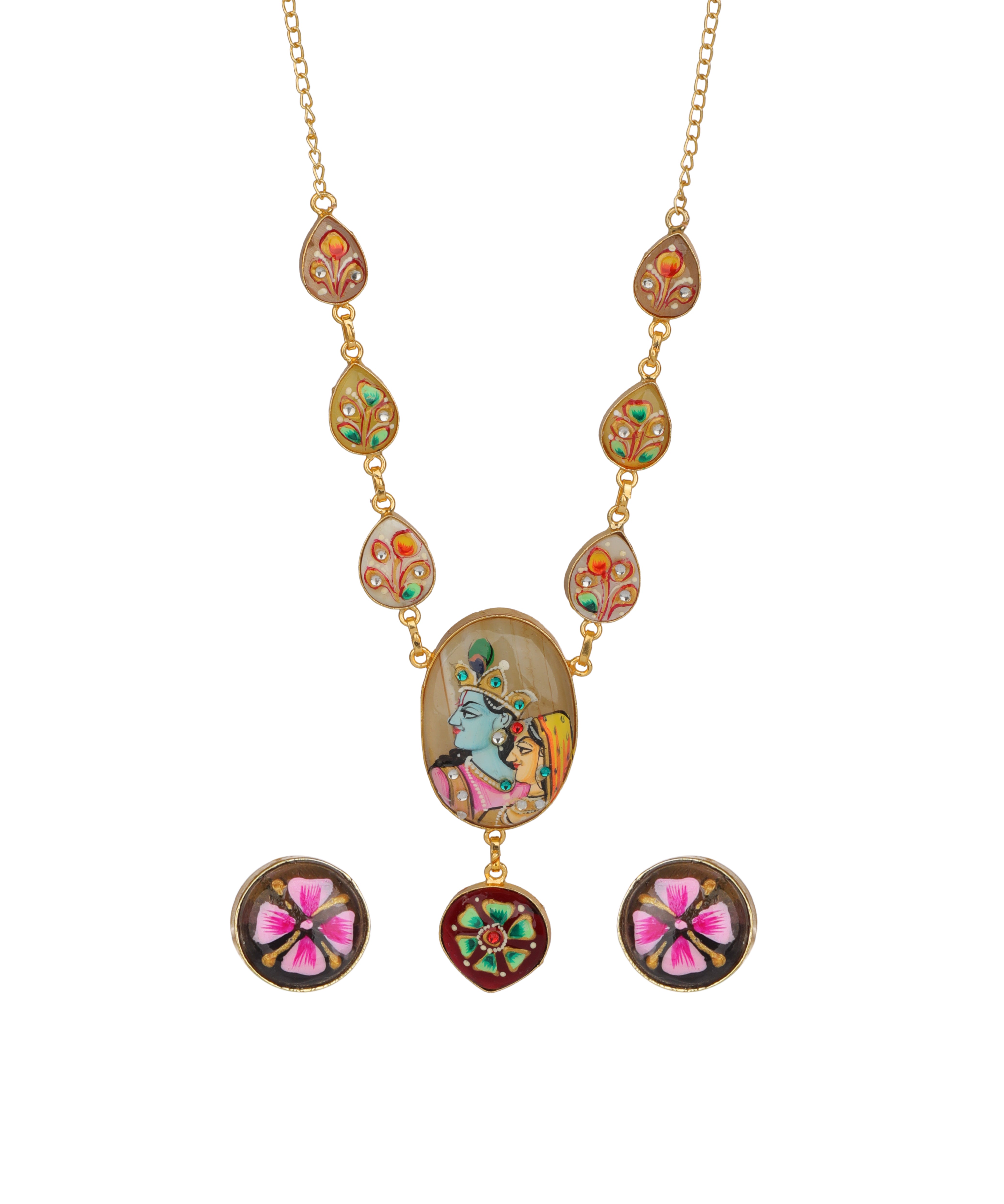 Gold-tone necklace with teardrop and oval enamel charms featuring colorful floral and Devotional art motifs, shown with matching stud earrings on a plain white background.
