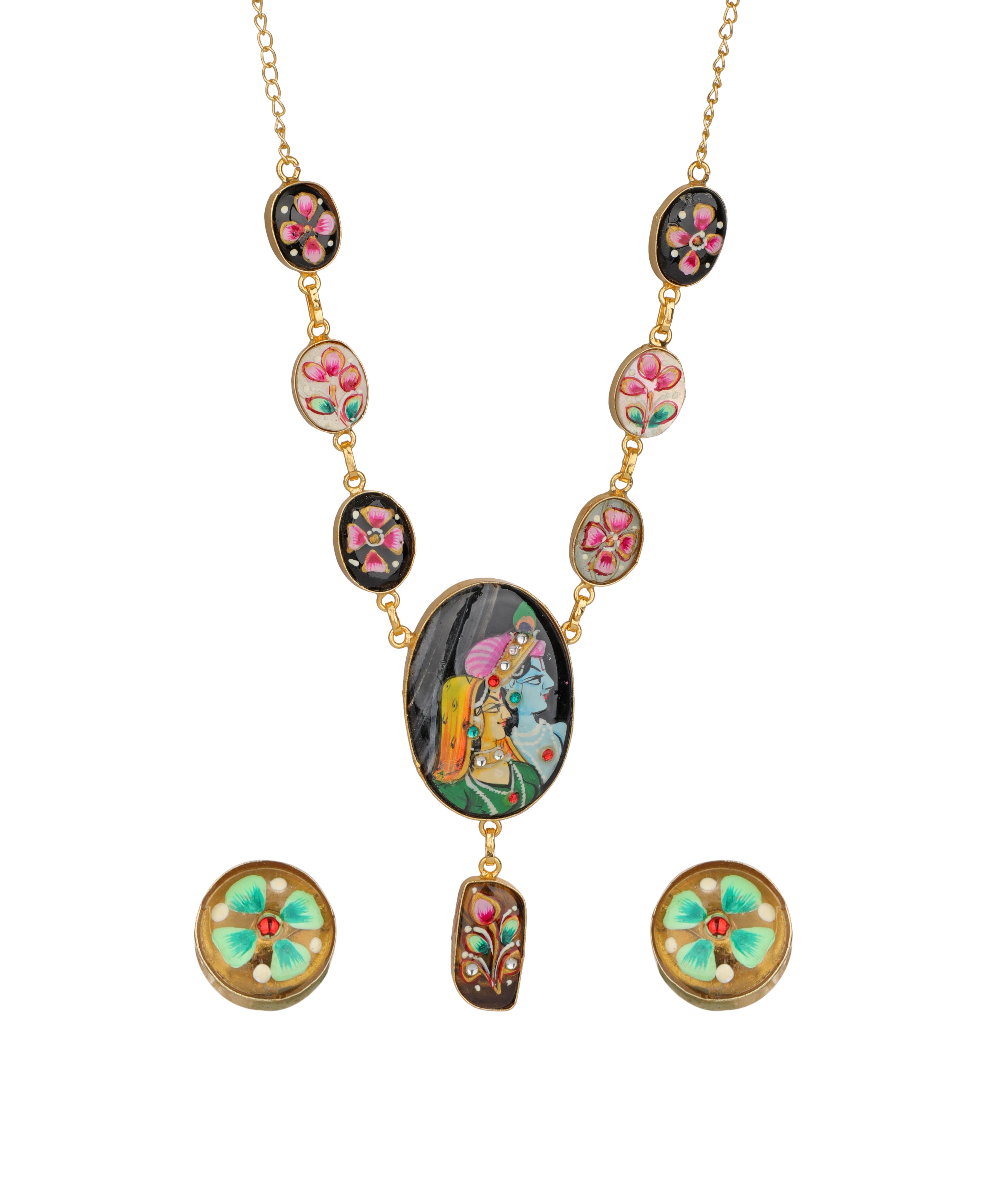 A gold-tone necklace set with a central oval pendant depicting a colorful classical scene, flanked by oval and round enamel details in pink, green, and gold, shown with matching stud earrings on a white background.