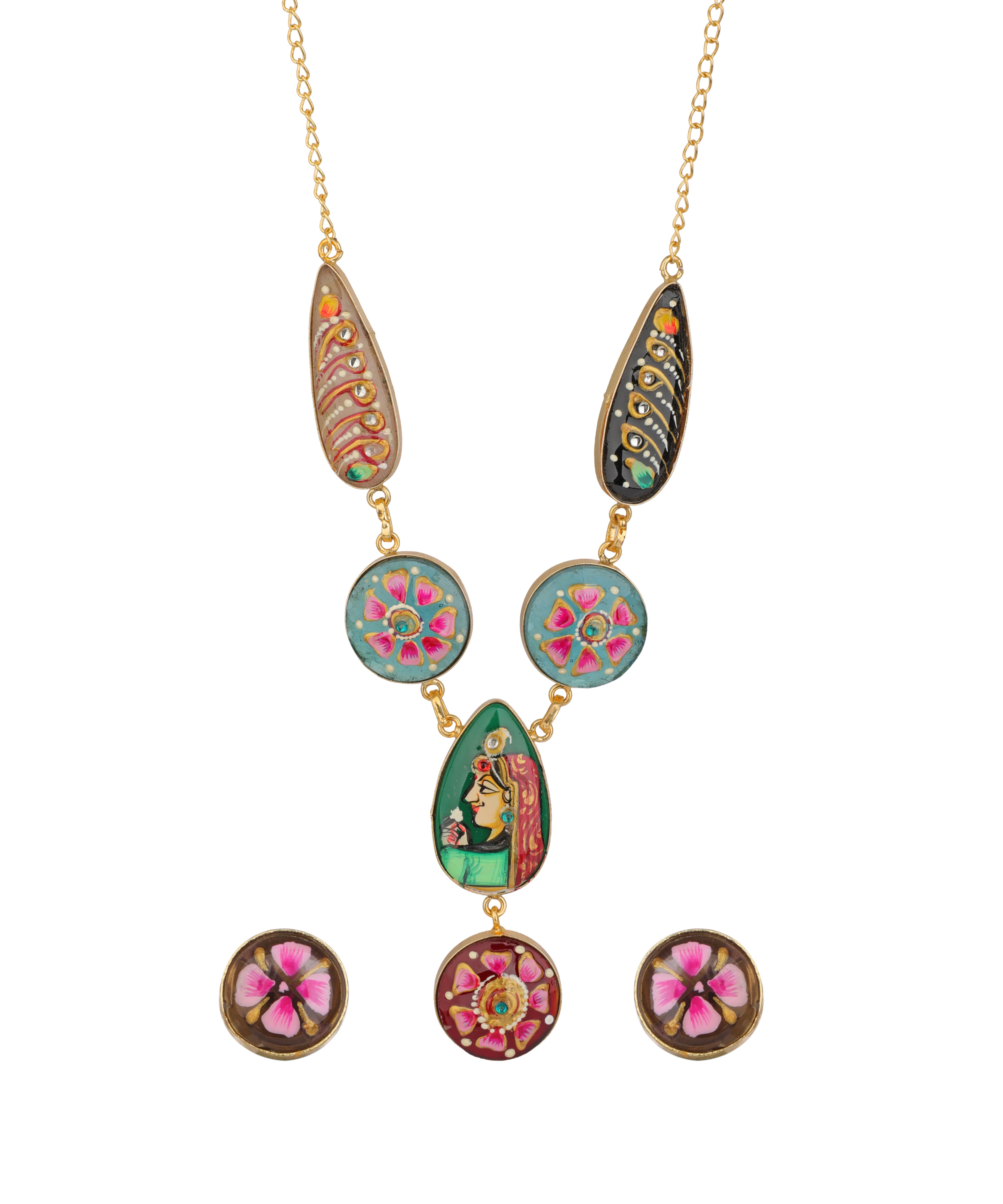 A gold-tone necklace with three drop chains, each featuring a teardrop and oval pendant with colorful floral and traditional Indian-inspired patterns, shown with three matching stud earrings on a plain white background.