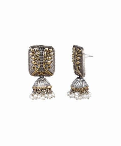 Oxidised Silver-Tone and Gold-Tone Jhumka Earrings with rectangular foliage pattern and faux pearls
