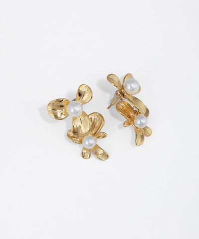 Gold-tone floral drop earrings with textured petals and faux pearls