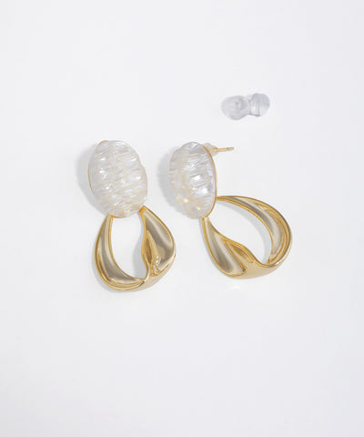 Gold-tone drop earrings with iridescent oval top and twisted metal loop design
