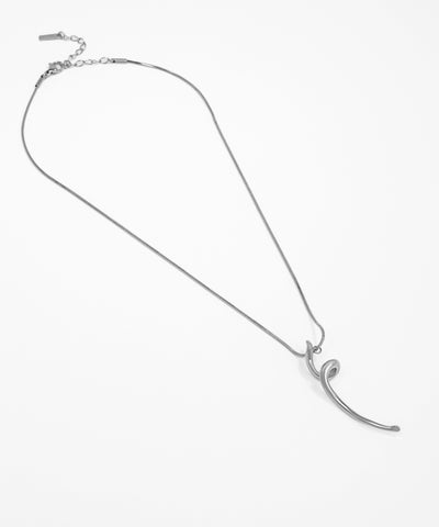 Silver necklace with a unique hook design on a white background