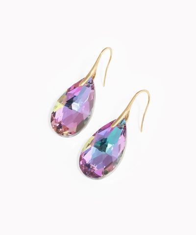 Gold-tone drop earrings with large iridescent faceted glass teardrop stones.