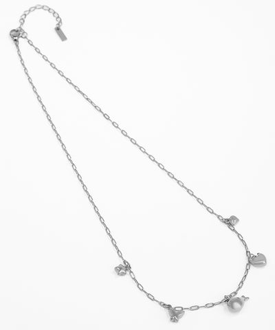 Silver necklace with heart-shaped pendants on a white background