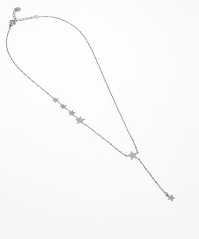 Silver necklace with star-shaped pendants on a white background