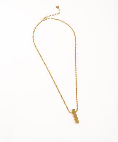 Gold-tone necklace with a minimalist rectangular bar pendant on a twisted chain and adjustable clasp.