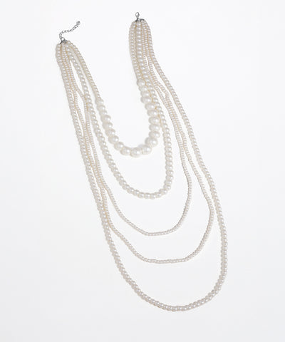 Rhodium finish multi-strand faux pearl necklace with varying pearl sizes