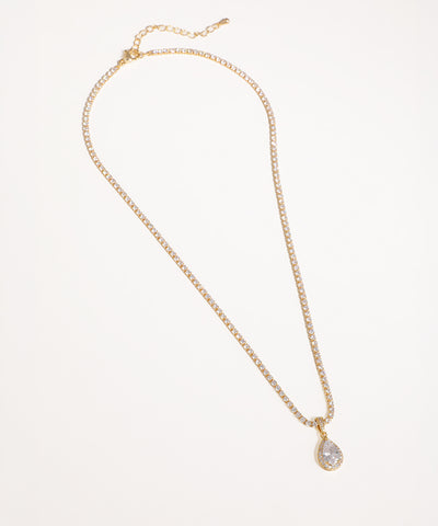 Gold-tone necklace with a sparkling stone-studded chain and a pear-shaped CZ pendant