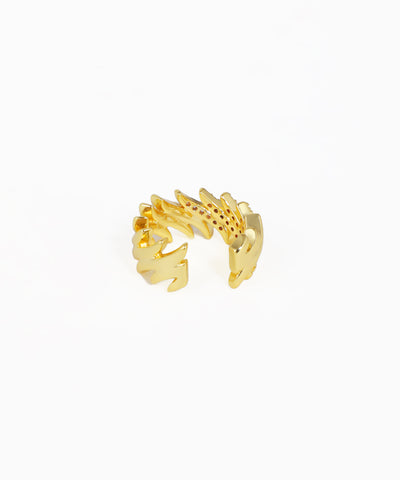 Gold ring with a unique design on a white background