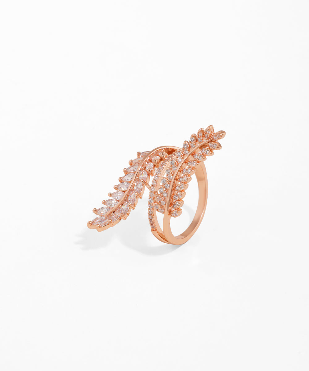 Rose-gold-tone ring with sparkling marquise and round CZ stones in an elongated leaf design
