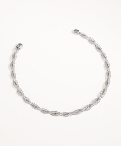 Rhodium finish collar necklace with intertwined strands of clear CZ stones