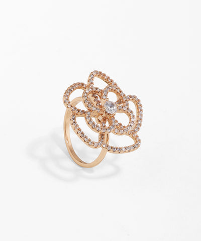 Rose gold ring with diamond accents on a white background