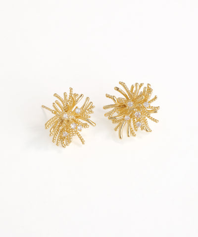 Gold floral earrings with pearl-like stones on a white background