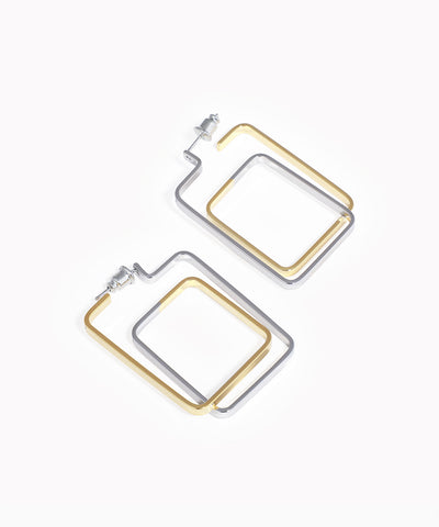 Pair of square hoop earrings in gold and silver on a white background