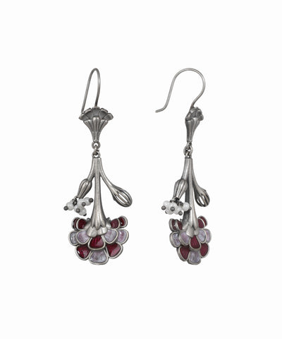 Oxidised drop earrings with scalloped top, floral enamel in maroon and lavender, and white faux pearls.