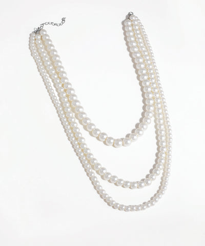 Silver-tone necklace with three layered strands of graduated faux pearls
