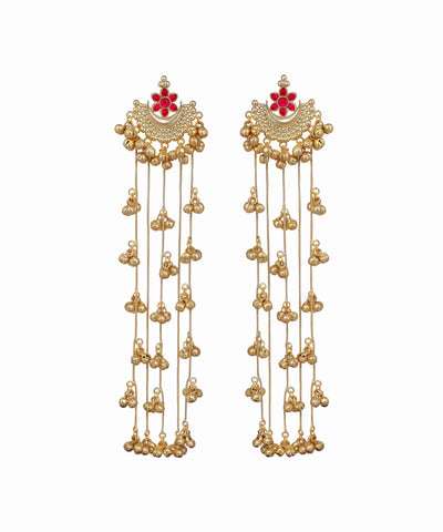 Pair of gold earrings with red floral elements on a white background