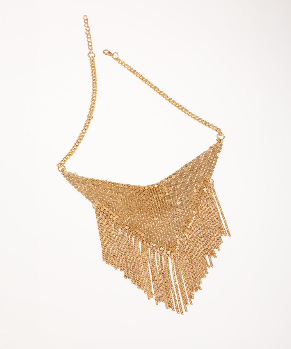 Gold-tone necklace with a triangular mesh bib and layered fringe chains.