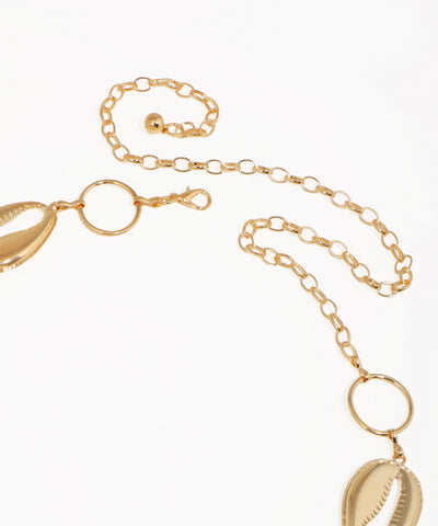 Gold necklace with leaf-shaped pendants on a white background