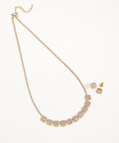 Gold-tone necklace with square halo CZ clusters and a delicate tennis chain
