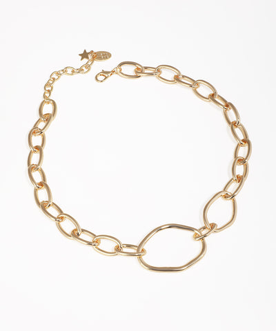 Gold-tone necklace with chunky chain links and an irregular central design
