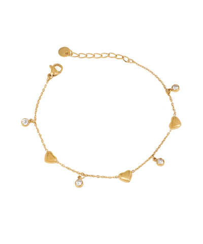 Gold-tone bracelet with puffed heart charms and round CZ stones along a delicate chain.