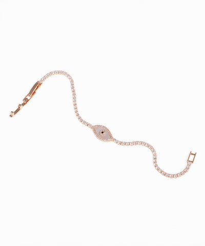 Rose gold bracelet with a clasp on a white background