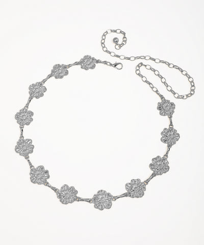 Silver floral necklace on a white background