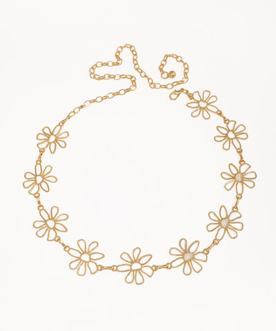 Gold-tone waist chain with openwork daisy floral motifs and a lobster clasp